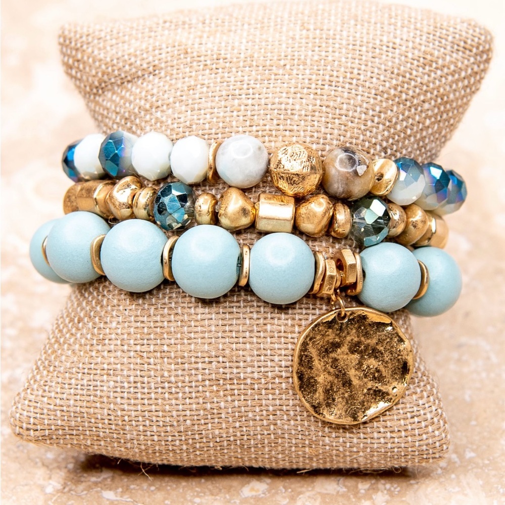 Elegant Gold and Blue Beaded Bracelet Set